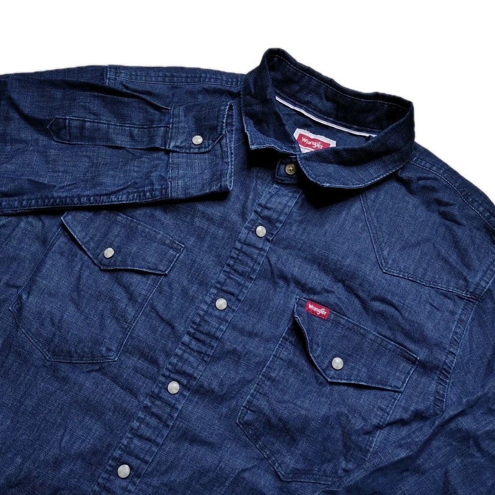 Wrangler Denim Pearl Snap Button Up Shirt Mens M Long Sleeve Western Workwear